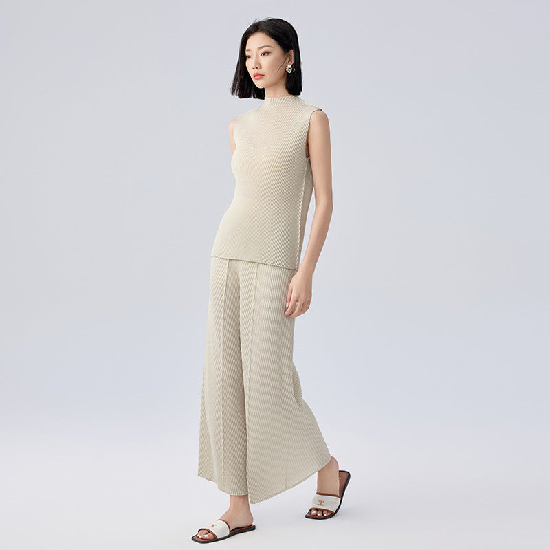 2025 Summer Pleated Two-Piece Set – Sleeveless Top & Wide-Leg Pants, Solid Color Casual Chic