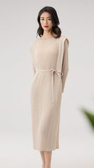 2025 Spring Summer Pleated Maxi Dress – Solid Color, Crew Neck, Lace-Up Waist, Elegant Style