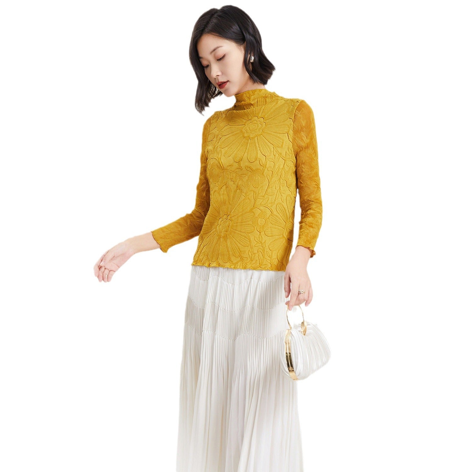 Pleated Chiffon Half-Turtleneck Top with Lace Detail – Elegant Women’s Blouse
