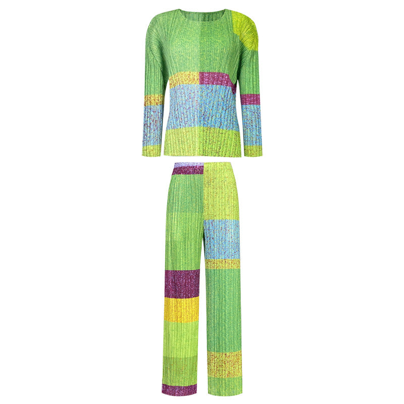 Pleats Please Contrast Print Suit – Pleated Two-Piece Set