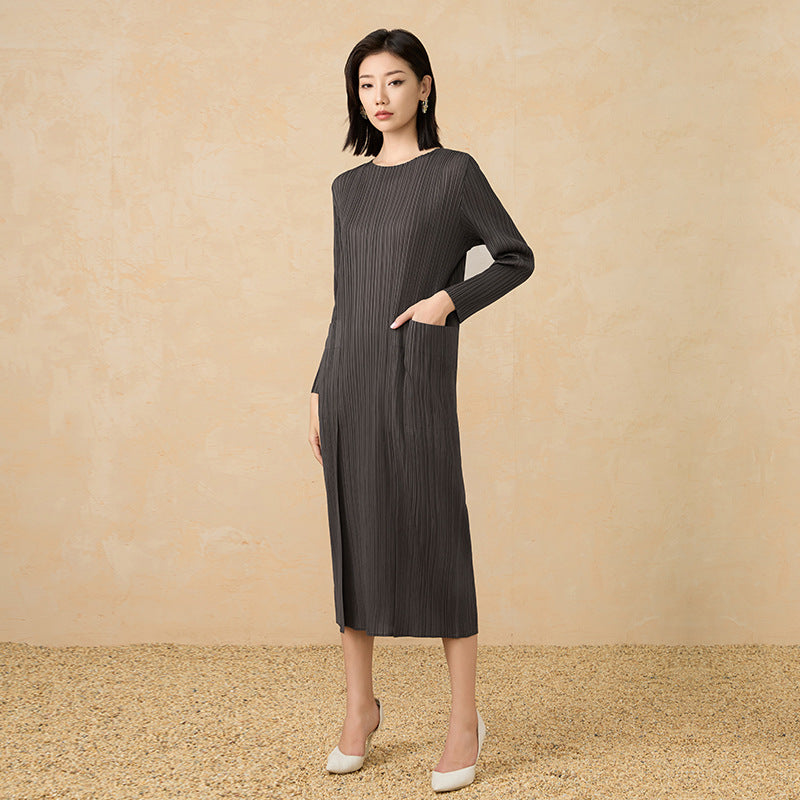 2025 Fall Winter Pleated Long Sleeve Dress – Slim Fit, Elegant Maxi Style for Women
