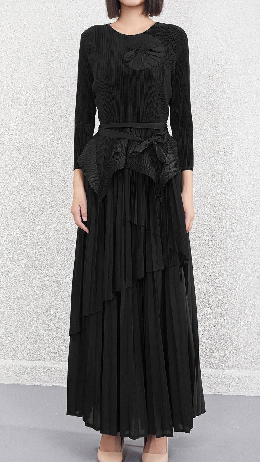 Pleats Please Two-Piece Set – Lace-Up Pleated Top & Irregular Swing Skirt