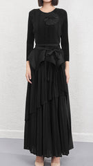 Pleats Please Two-Piece Set – Lace-Up Pleated Top & Irregular Swing Skirt
