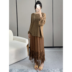Women’s Fall Pleated Midi Skirt – Fringe Detail High-End Style