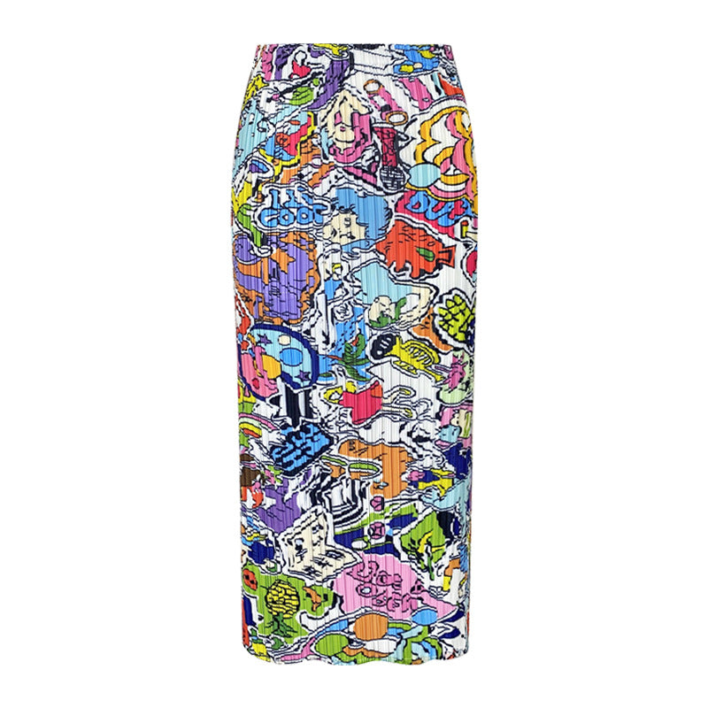 Pleated Graffiti Print A-Line Skirt – Slim Long Women’s Style