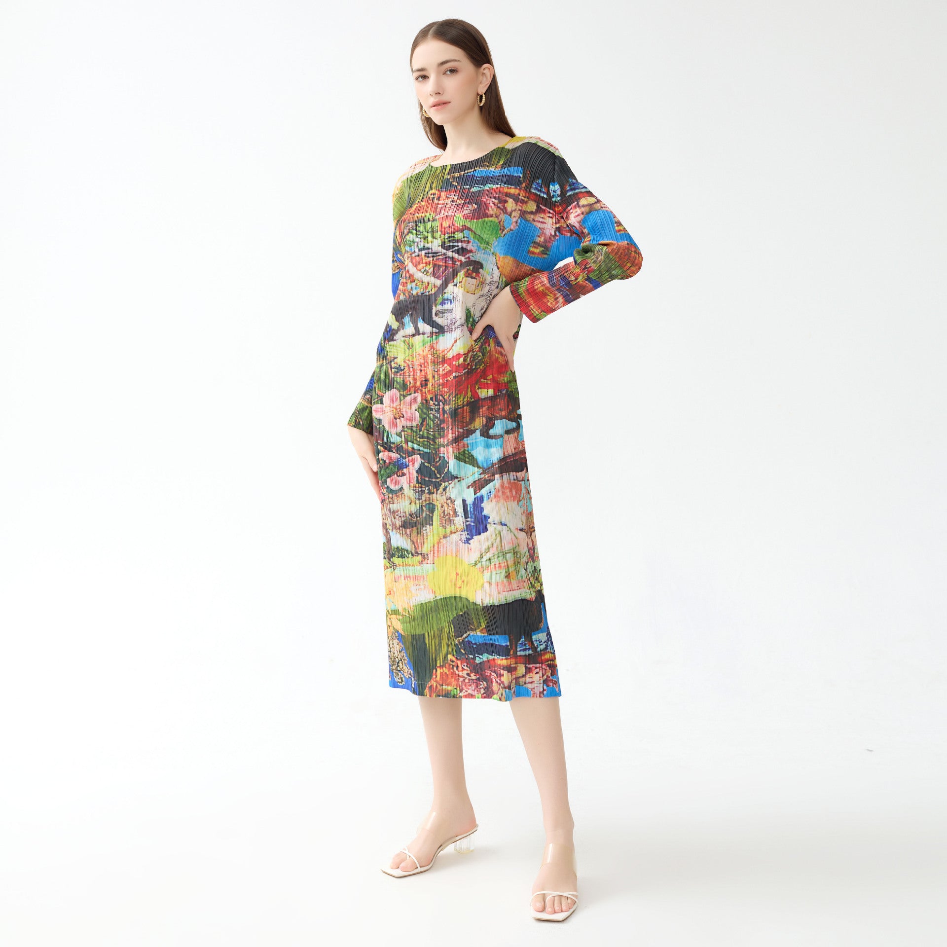 Miyake dress women's summer new pleated Jurassic print long sleeve crew neck A-line skirt long colored skirt