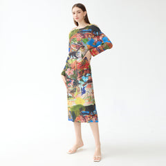 Miyake dress women's summer new pleated Jurassic print long sleeve crew neck A-line skirt long colored skirt