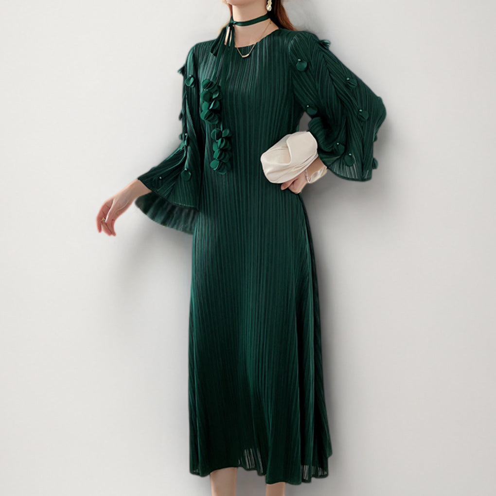 Pleats Please Lace-Up Mid-Length Dress – Plus-Size Friendly Pleated Slimming Style
