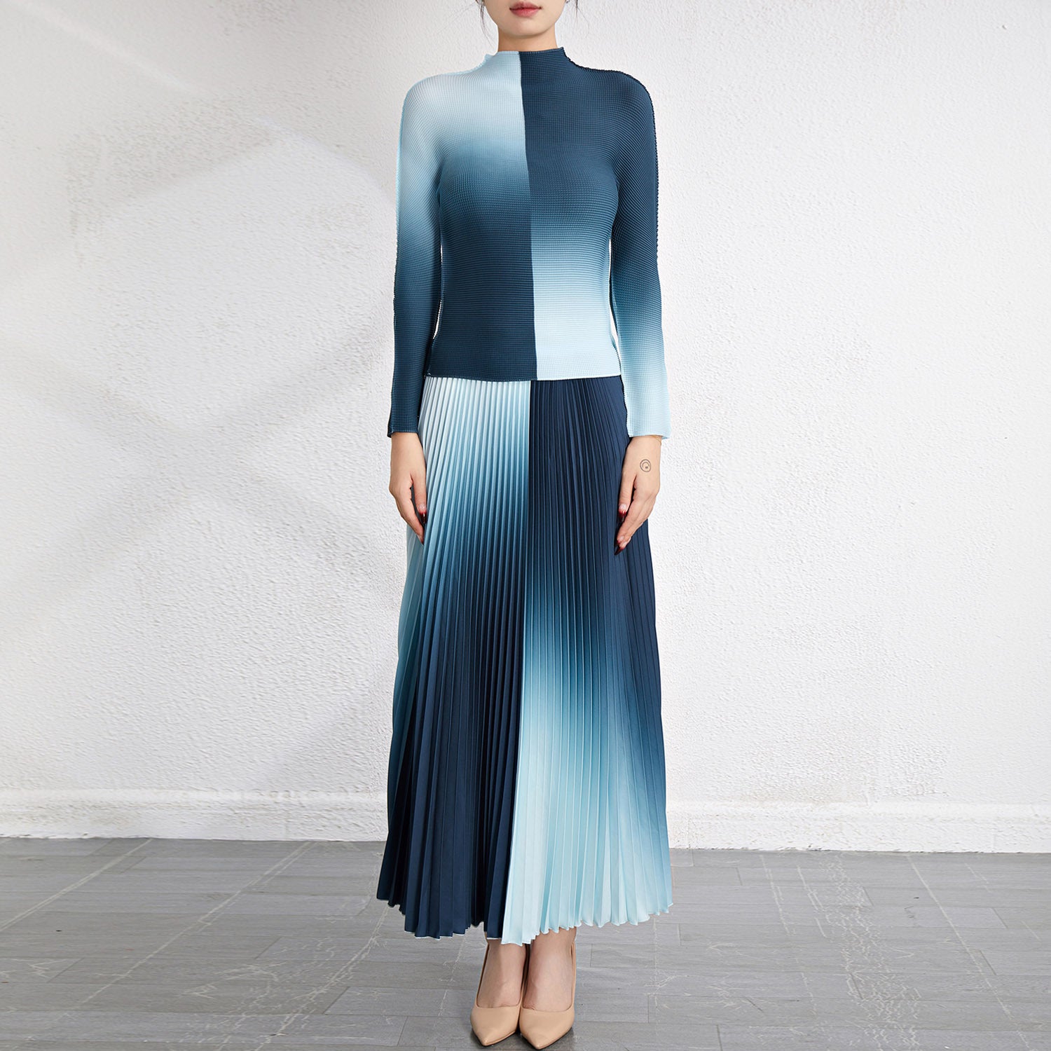 Pleated Top and Slim Skirt Two-Piece Set
