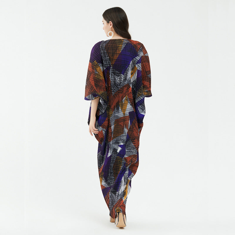 Pleated Printed Maxi Dress – Elegant Long High-End Women’s Style