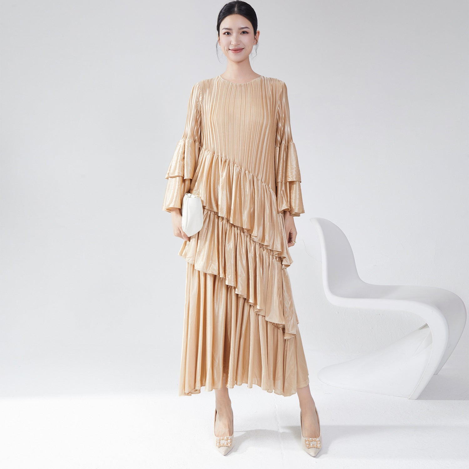Pleats Please Flared Sleeve Cake Dress – Elegant Layered Pleated Midi for Spring & Summer