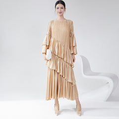 Pleats Please Flared Sleeve Cake Dress – Elegant Layered Pleated Midi for Spring & Summer