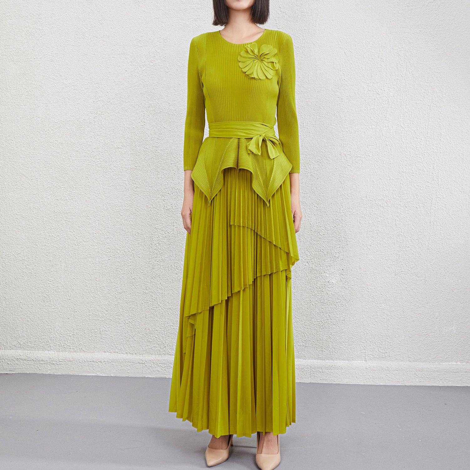 Pleats Please Two-Piece Set – Lace-Up Pleated Top & Irregular Swing Skirt