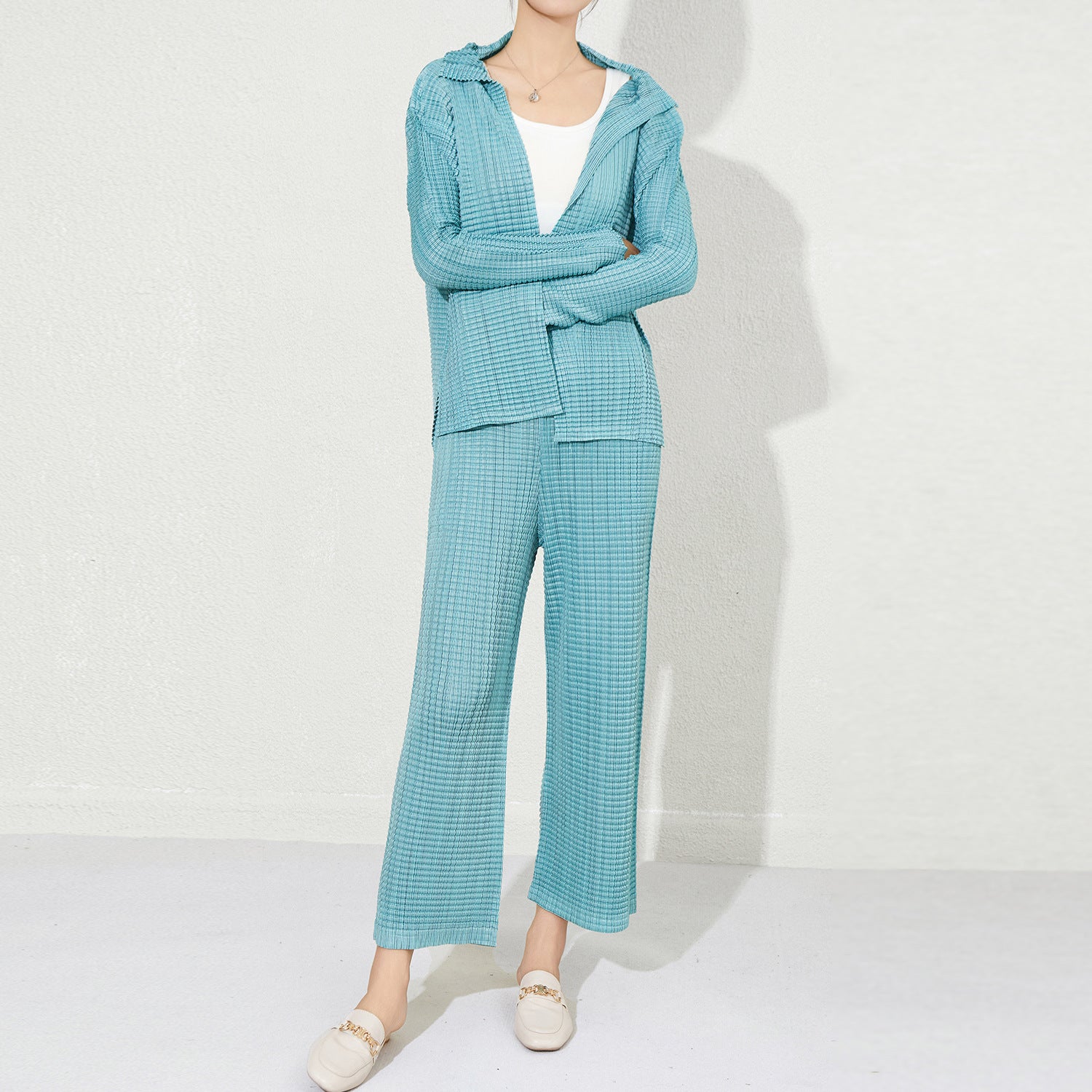Pleated Casual Wide-Leg Pants Set – Chic Two-Piece Women’s Outfit