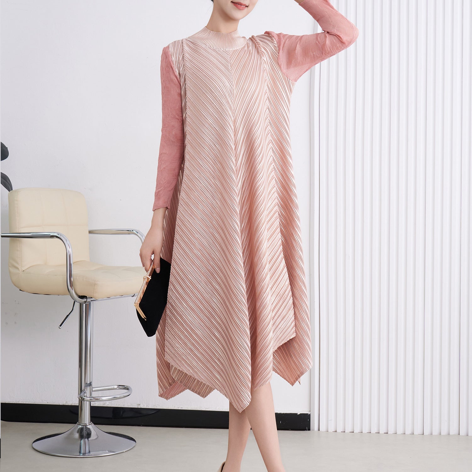 Pleated Gilded Irregular Long Dress – Elegant Evening Maxi for Women