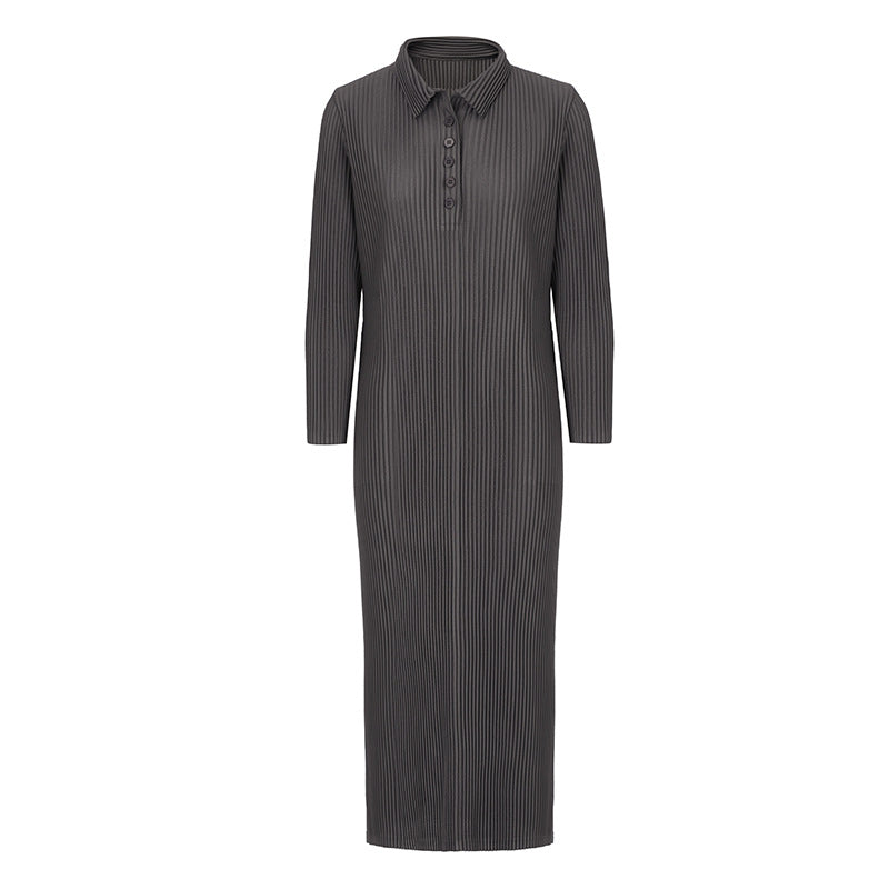 2025 Fall Pleated Midi Dress – Long Sleeve Polo Neck, Elegant Drape, Everyday Chic