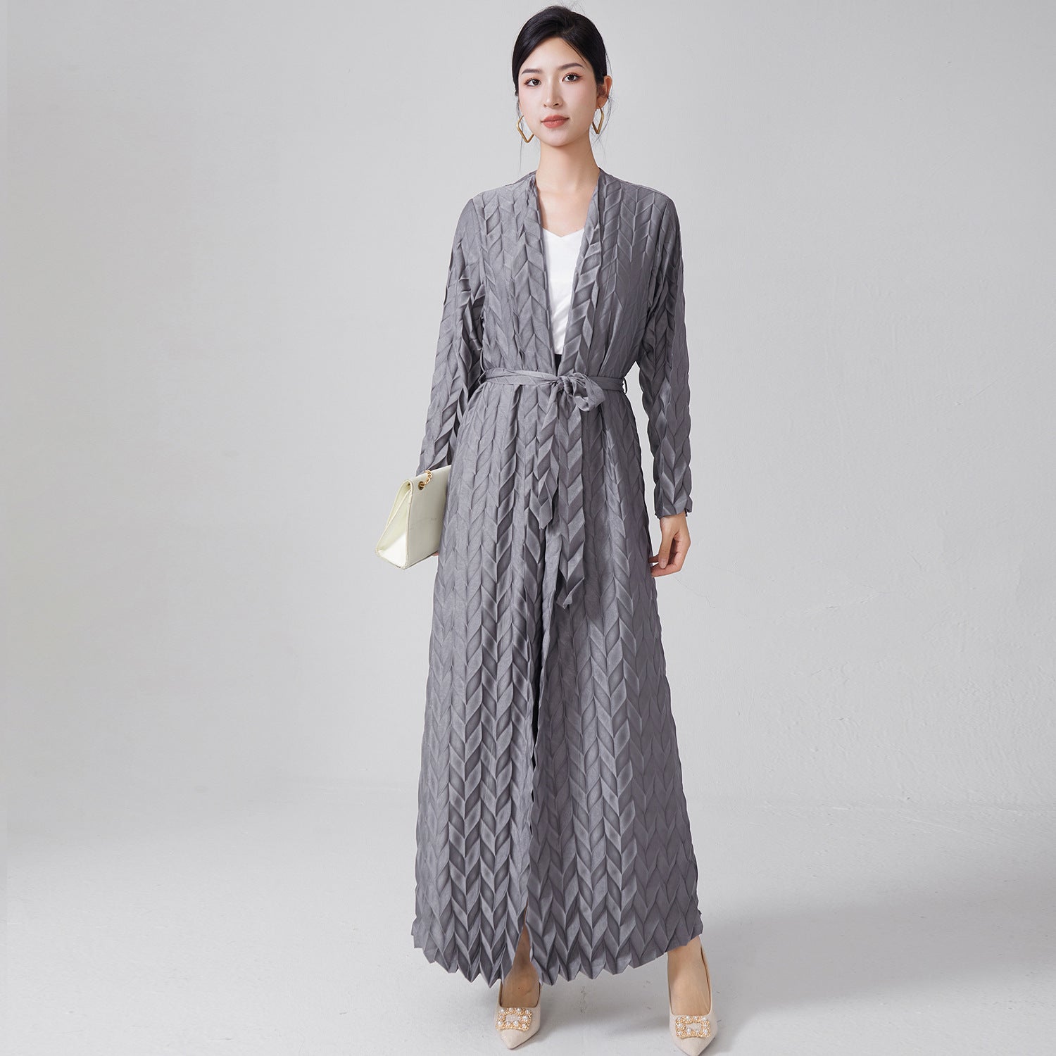 Pleats Please Lace-Up Trench Coat – Plus-Size Friendly Pleated Mid-Length Jacket