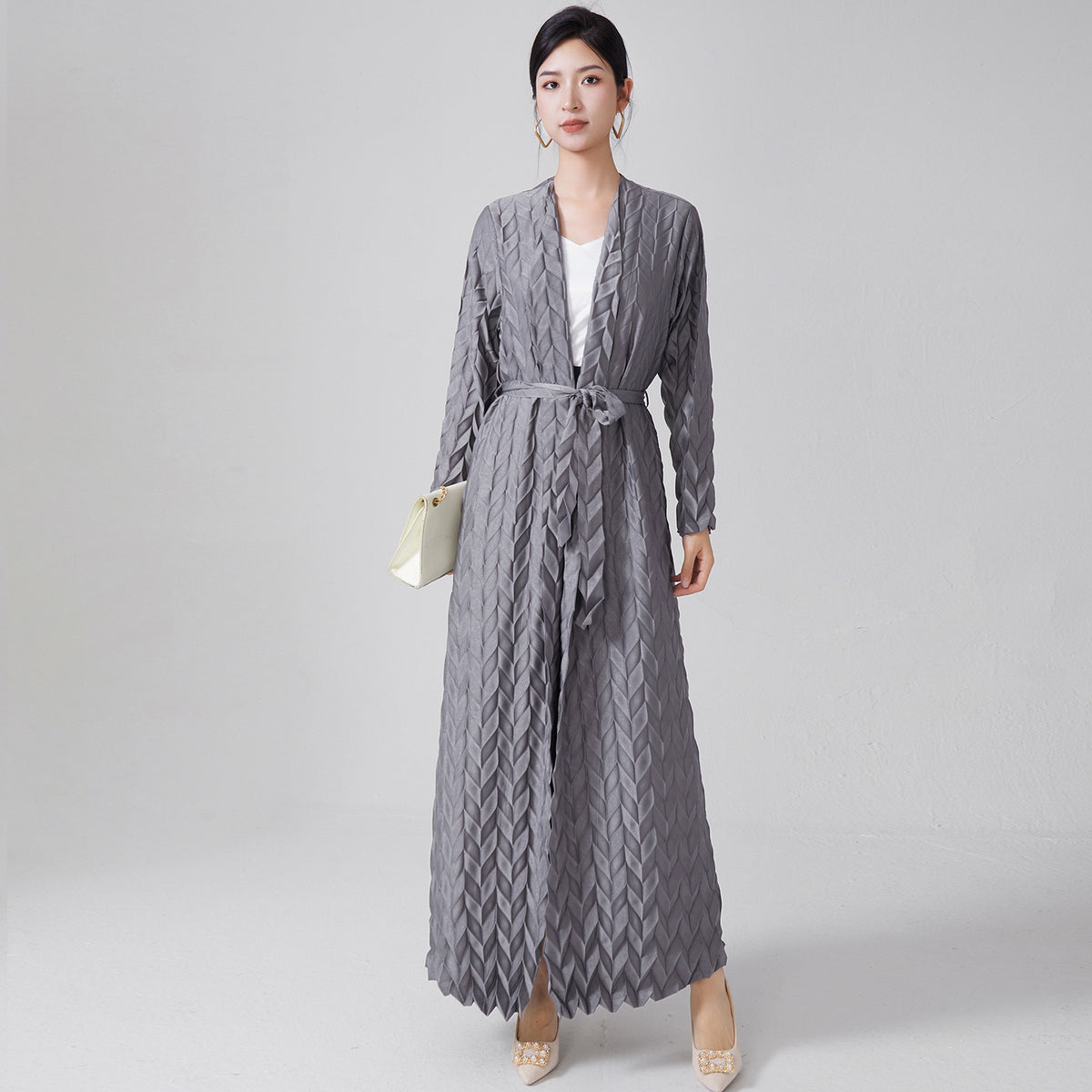 Pleats Please Lace-Up Trench Coat – Plus-Size Friendly Pleated Mid-Length Jacket