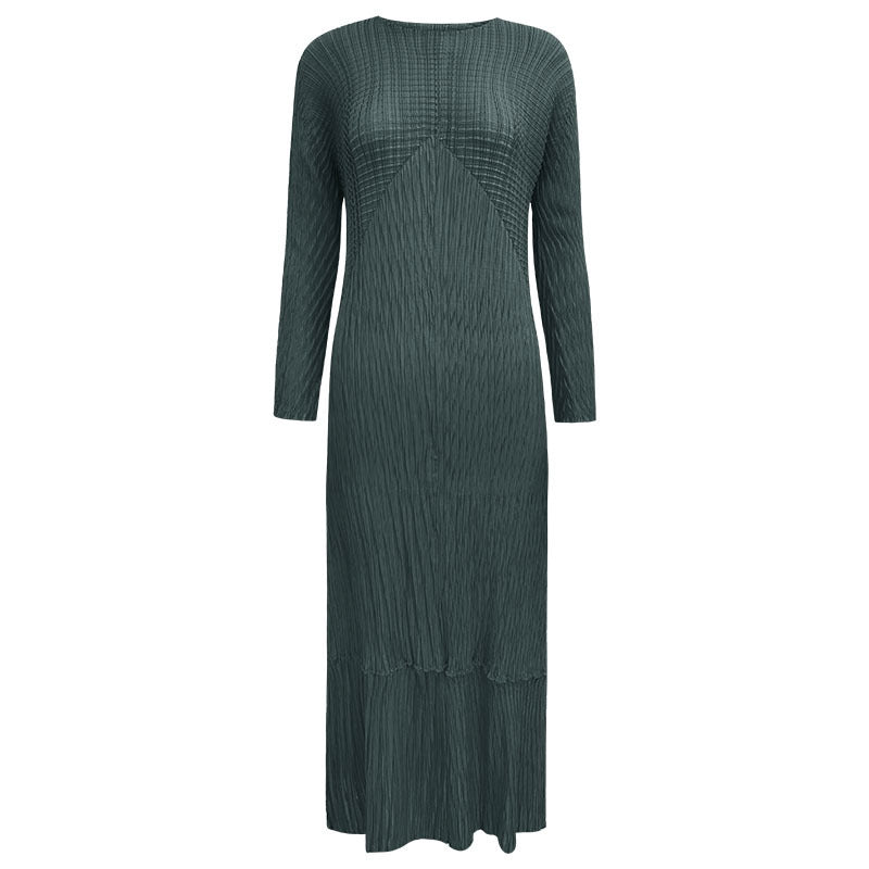 Pleated Fish Scale Maxi Dress – Solid Color Long Sleeve Elegance