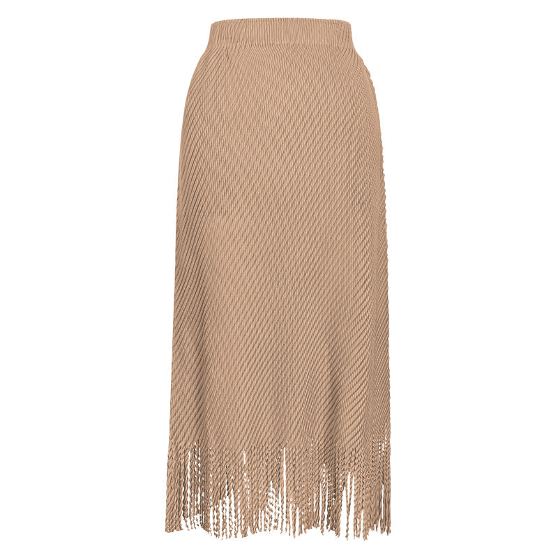 Pleated Fish Scale Fringe Skirt – High Waist A-Line Mid-Length Style