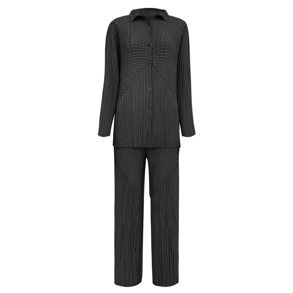 Pleated Solid Color Shirt and Straight Pants Set – Chic Two-Piece Outfit