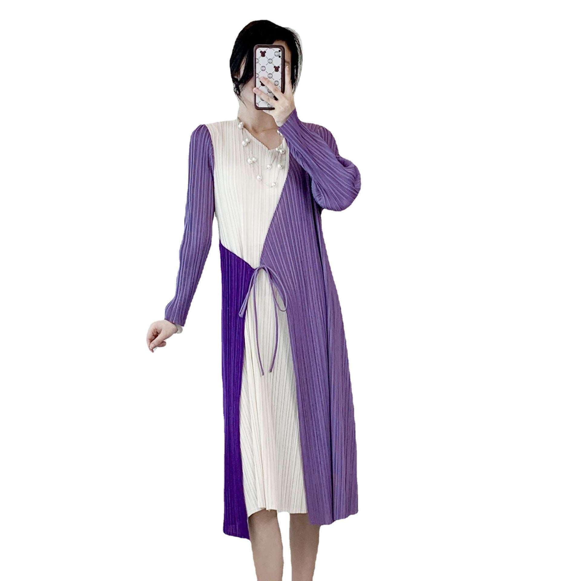 Women’s Spring Pleated Midi Dress – French Splicing Design, Feminine Slim Fit Style