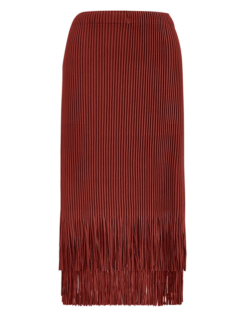 Pleated Two-Piece Set – Suit Collar Jacket and Fringe Skirt