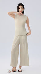 2025 Summer Pleated Two-Piece Set – Sleeveless Top & Wide-Leg Pants, Solid Color Casual Chic