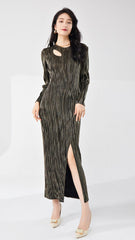 Pleats Please Bronzing Maxi Dress – Elegant Long-Sleeve Pleated Evening Style
