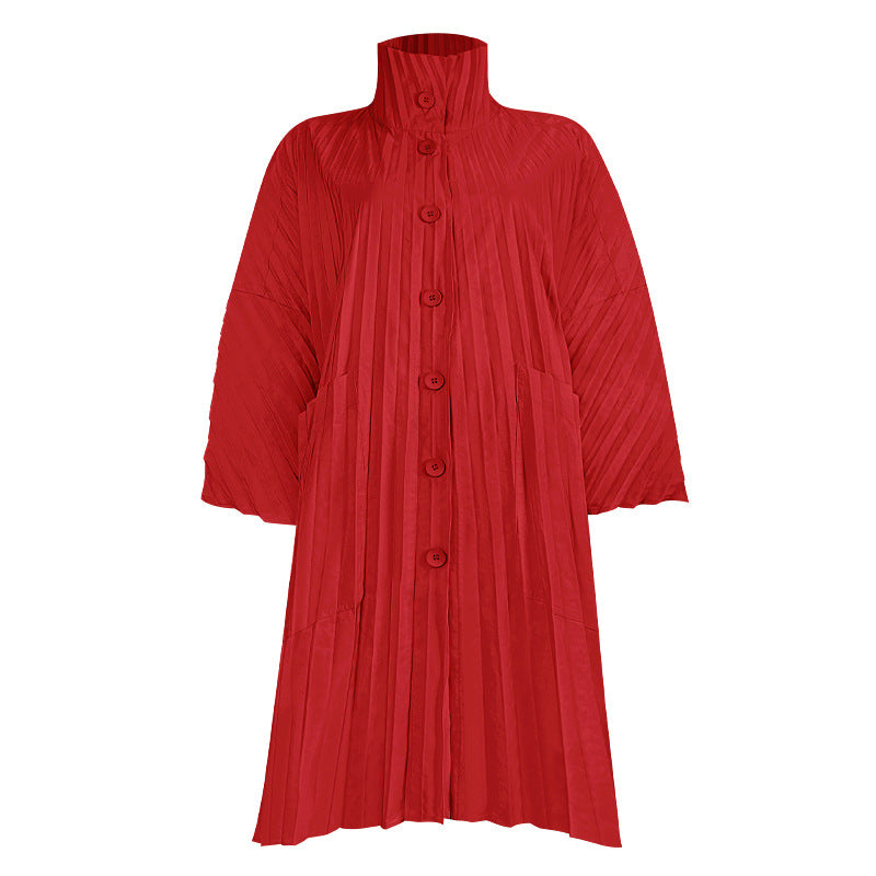 Pleats Please Solid Color Windbreaker – Pleated Midi-Length Trench Coat