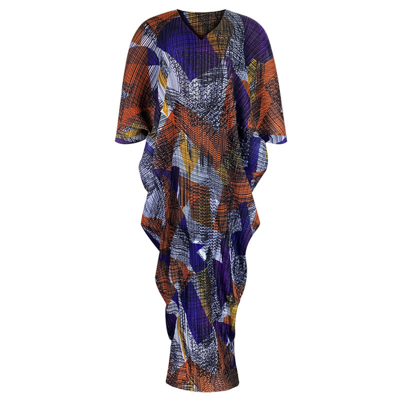 Pleated Printed Maxi Dress – Elegant Long High-End Women’s Style