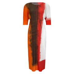 Pleats Color-Block Printed Maxi Dress – Casual Short-Sleeve Slim Fit for Women