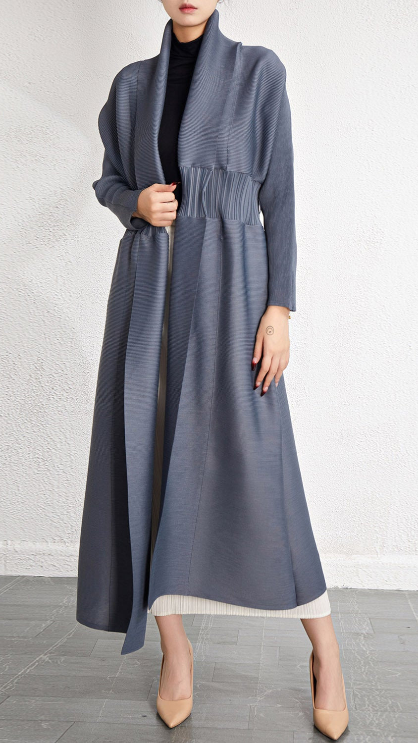 Pleated Midi Shawl Cardigan Coat – Elegant Lightweight Layer for Women