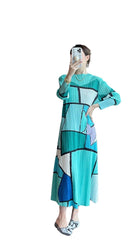 Women’s Spring Pleated Maxi Dress – Geometric Print Slim Fit Elegant Style