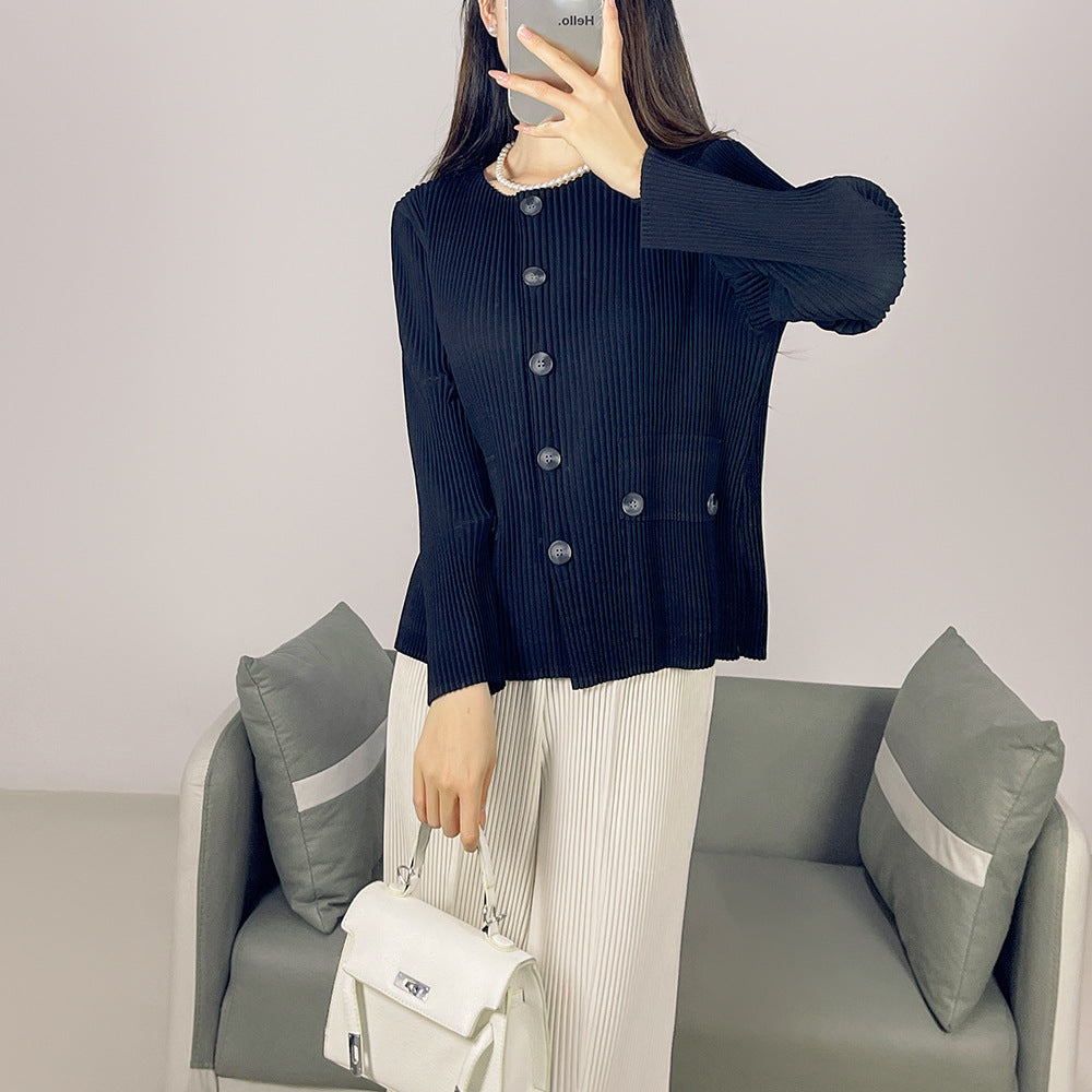 2025 Fall Winter Pleated Striped Jacket – Minimalist Crew Neck, Single-Breasted Casual Style for Women