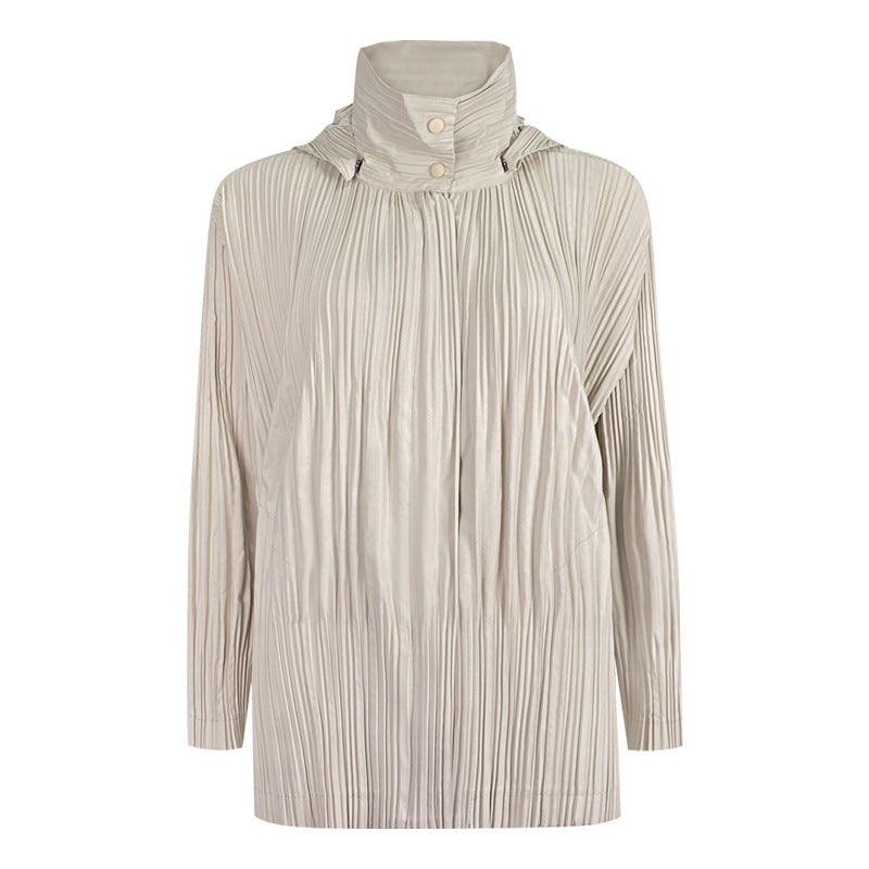 Pleats Please Short Trench Coat – Solid Color Pleated Jacket with Detachable Hood