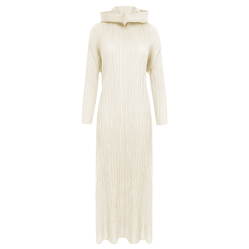 Pleated Hooded A-Line Dress – Solid Color Slim Long Sleeve Winter Style