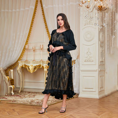 2025 cross-border new Arab heavy industry pleated fungus edge lace-up bronzing dress pleated temperament dress for women
