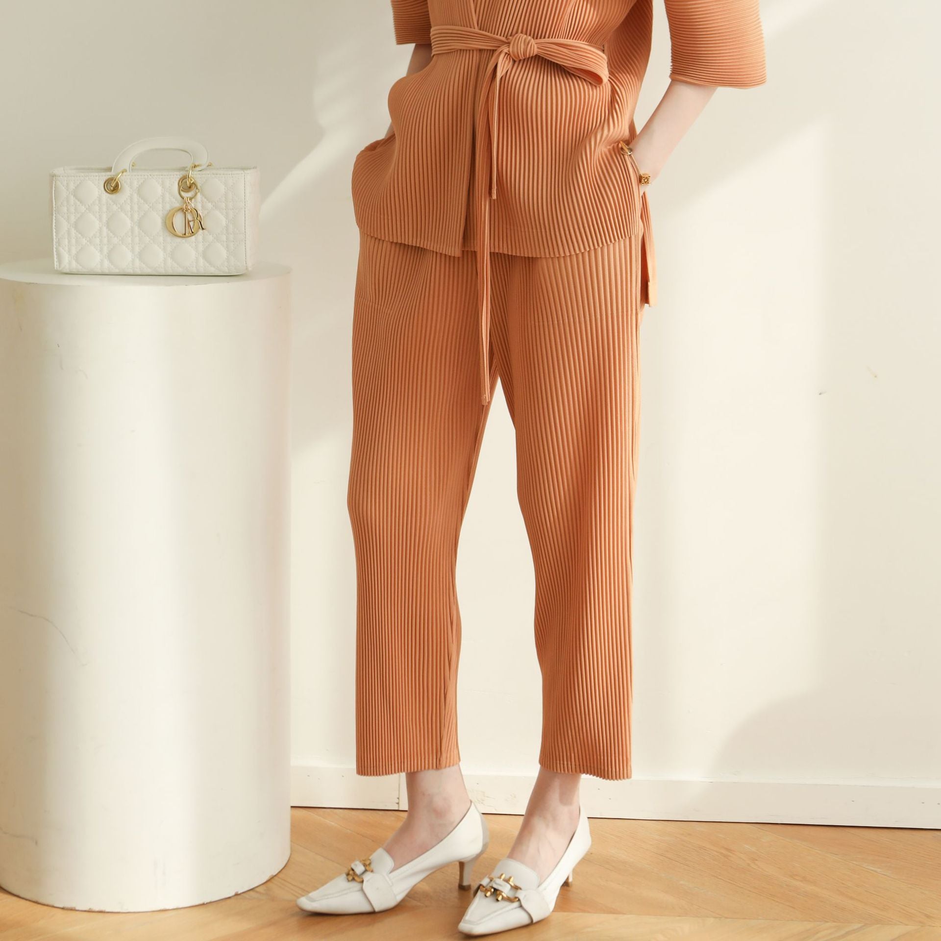 Pleated Two-Piece Set – Lace-Up Cardigan Jacket & Cropped Pants, Casual Chic Style