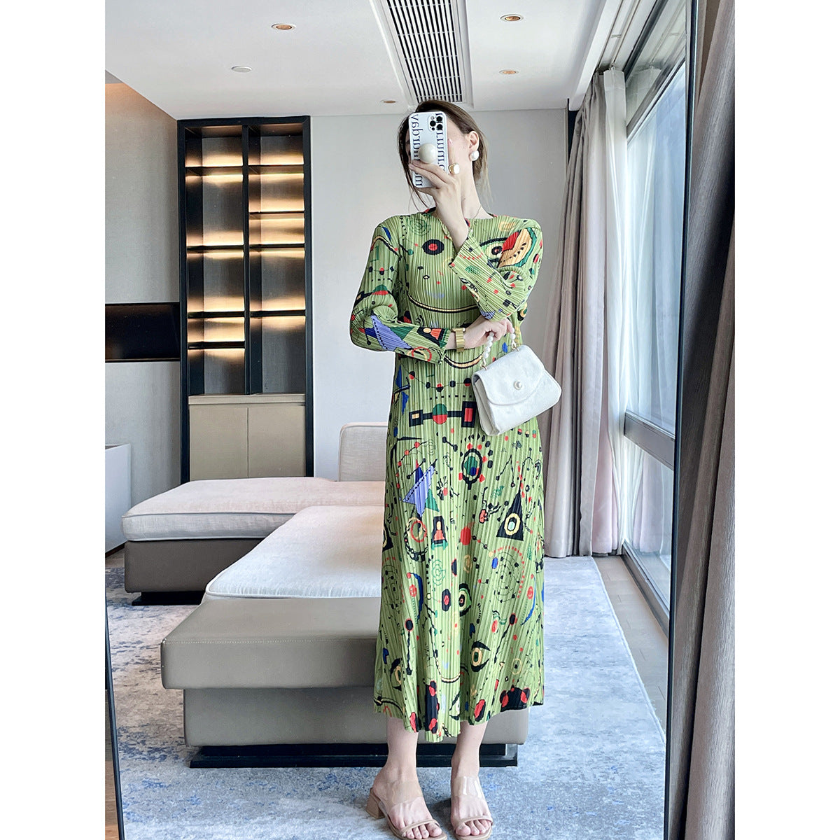Women’s Autumn Pleated Maxi Dress – Printed Long-Sleeve Elegant Slim Fit Style