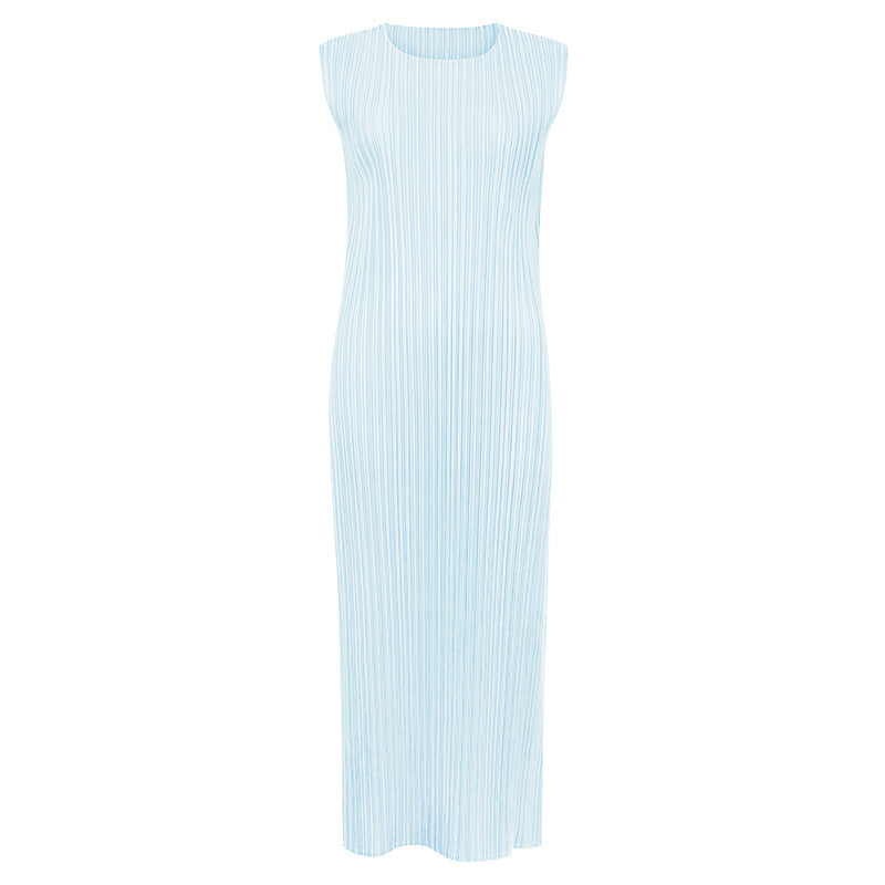 Japanese Style Sleeveless Pleated Dress – Round Neck Elegant Midi