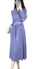 2025 Fall Winter Pleated Trench Coat – Lapel Mid-Length Coat with Adjustable Tie Waist for Women
