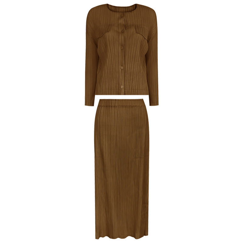 Pleated Shirt and Slit Skirt Set – Chic Two-Piece Women’s Outfit