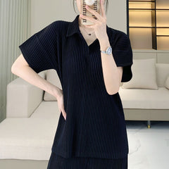 Miyake quality T-shirt top, unisex high-end fashion temperament, versatile polo shirt, casual simple short sleeves