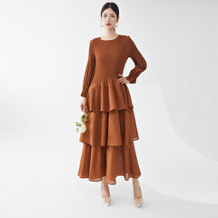 Pleats Please Long-Sleeve A-Line Dress – Elegant Layered Cake Pleated Maxi