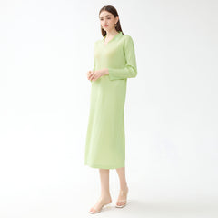 Pleated Polo Collar Dress – Long Sleeve A-Line Casual Style