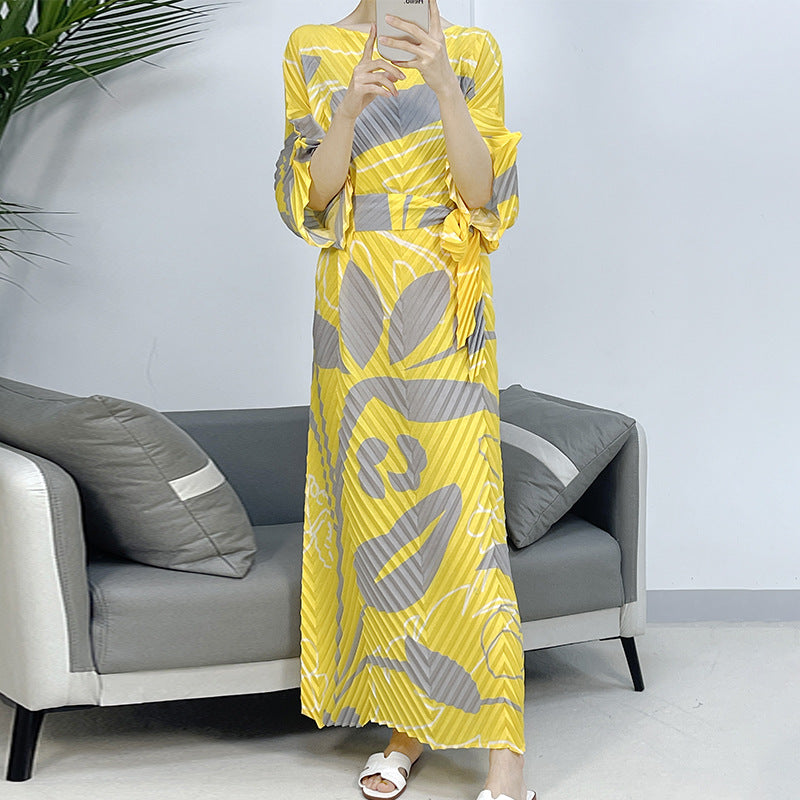 2025 Fall Winter Pleated Printed Maxi Dress – V-Fold Design, Elegant Casual Style for Women