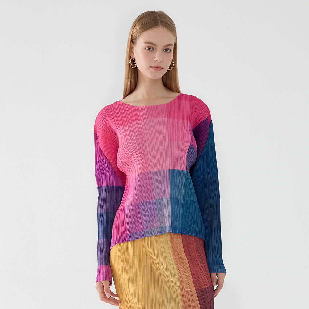 Pleated Check Print Top – Long Sleeve Crew Neck Women’s Style