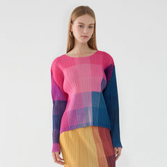 Pleated Check Print Top – Long Sleeve Crew Neck Women’s Style
