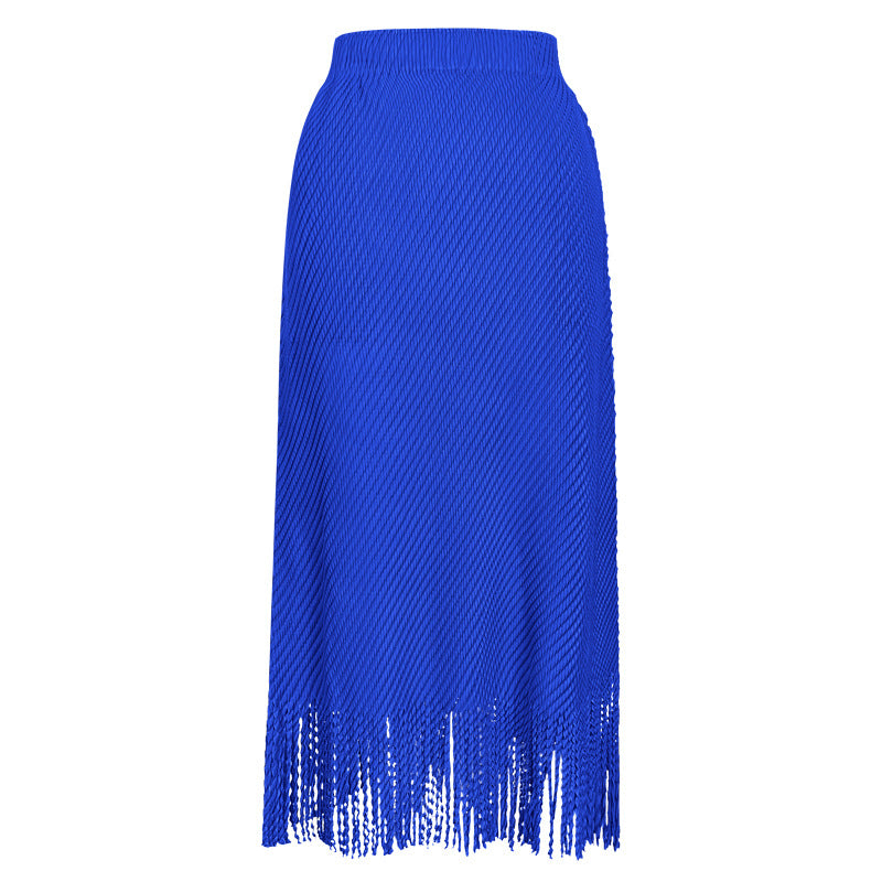 Pleated Fish Scale Fringe Skirt – High Waist A-Line Mid-Length Style